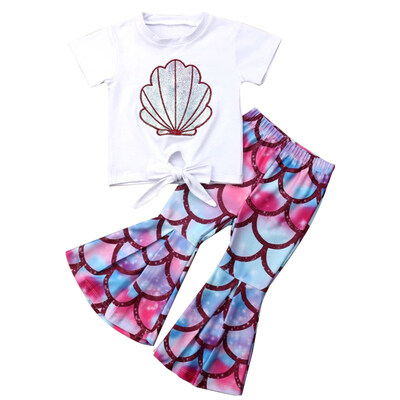 

Summer Kids Girls Seashell Pattern T-shirt Big Wide-legged Fish Scales Pants Baby Girl Clothes