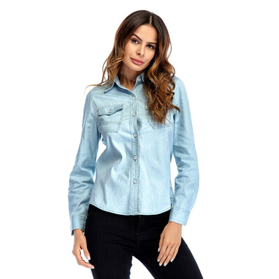 

New New Arrival Ladies Casual Denim Shirt Fashion Long Sleeve Tops Turn-down Collar Women Clothing