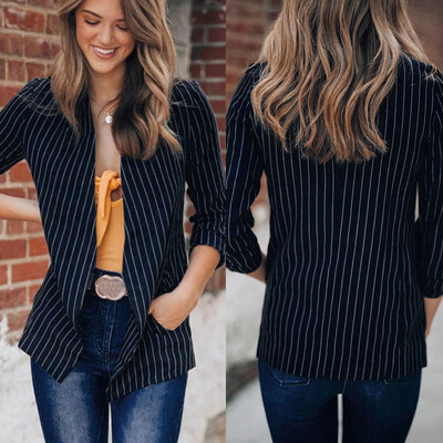 

Tailored Womens Stripe Long Sleeve Button Casual Loose Fit Plaid Relax Fit Office Jackets