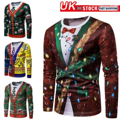 

UK Mens Christmas 3D Printed Long Sleeve T-Shirt Slim Fit Shirts Tops Xmas Decor