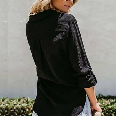 

Womens Long Sleeve Pockets Button Down Turn Down Collar Office Lady Cotton & Linen Blouse