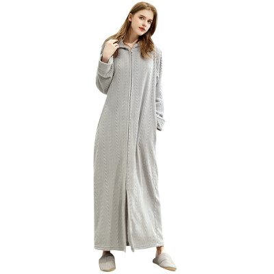 

Autumn And Winter Nightgown Zipper Bathrobe Flannel Couple Gown Pocket Hooded Long Robe