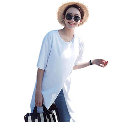 

Women Summer Short-Sleeves Pure Color Loose Split Tops Irregular T-Shirt