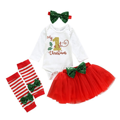

Baby Christmas Costumes Children Clothing 4pcs Holiday Clothes Girl Long-Sleeved Rompers Mesh Skirt Socks Baby Girl Clothes