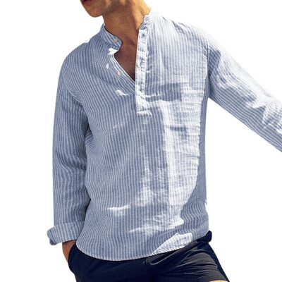 

Toponeto Mens Casual Linen Button Simple Long Sleeve Stripe Loose T Shirt Blouse Top