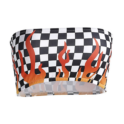 

Summer Women Sexy Strapless Tube Top Fashion Flames Printed Bandeau Summer Plaid Streetwear Off Shoulder Crop Top