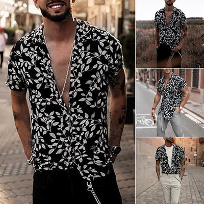 

Toponeto Mens Baggy Beach Hawaiian Print Short Sleeve Button Retro T Shirts Tops Blouse