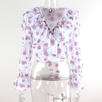 

Casual Women Floral Print Shirt Long Flare Sleeve V-Neck ruffled Shirts