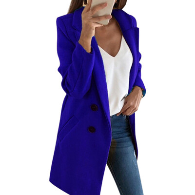 

Women Autumn Winter Casual Double Breasted Top Coat Solid Color Lapel Long Button Wool Outwear Fashion