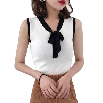 

Womens Korean Style V-Neck Bow Knitted Color Block Tees Top Sleeveless Casual Patchwork Fabric T-Shirt