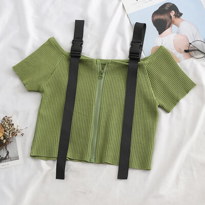 

T-Shirt Women Short Sleeve Crop Top Korean Fashion Style Feminina Knitted Cotton Black Sexy Short Top