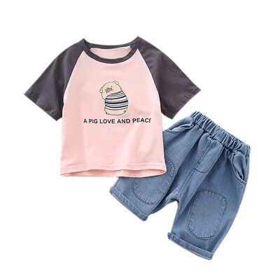 

Boy Casual Short Sleeve Outfits Sets Summer Cartoon Letter Print Tops Blouse T-shirtShorts Sets