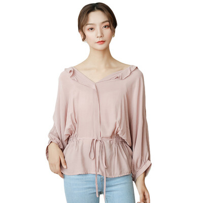 

Sexy V-Neck Women Blouse Retro Solid Color Blouse lady Long Sleeve Fashion Lace-up Waist Shirt 2 Colors Wild Tops