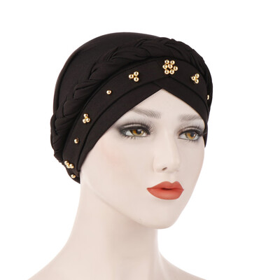

Women Turban Hijab Cap Solid Color Cotton Bandanas Beaded Beanie Hat Chemo Cap For Hair Loss Accessories Gifts