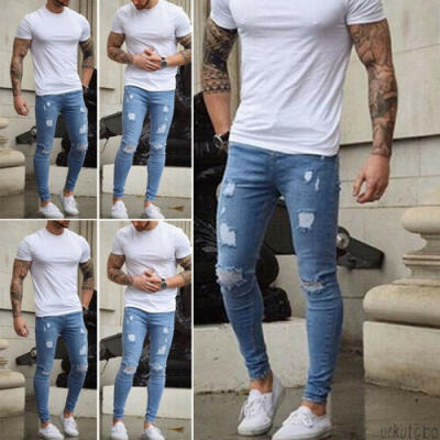 

US Men Slim Fit Stretchy Ripped Skinny Biker Jeans Destroyed Taped Denim Pants