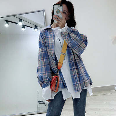 

Spring Autumn Women Blouses Fashion Plaid Casual Lapel Shirt Female Long Sleeve Tops