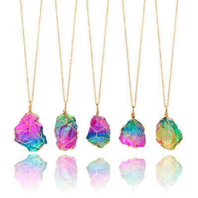 

Trendy Colorful Natural Stone Winding Pendant Necklace Steampunk Transparent Multi-color In Alloy Chain Necklace For Women Men