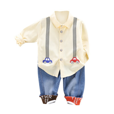 

Baby Boys Casual Long Sleeve Cartoon Car Print Blouse TopsDenim Pants Trouser Autumn Children 2pcs Costume Set