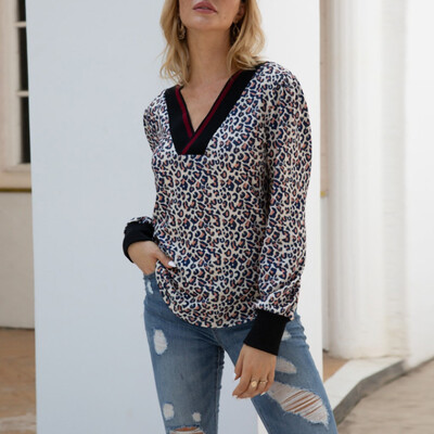 

Gobestart Women V Neck Long Sleeve Leopard Print Splice Sweatshirt Casual Blouse Tops