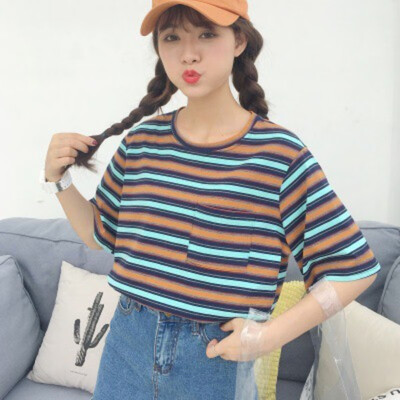 

Women Casual Striped Print O Neck Short Sleeve Loose T-Shirt Women Tshirt Loose Korean Style Tshirt camiseta mujer 2019 New