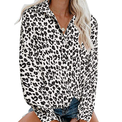 

Tailored Womens Long Sleeve Pocket Leopard Button Tee Casual Popular Blouse TopsS