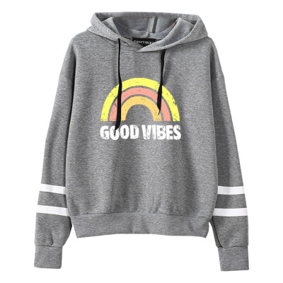 

New Women Fashion Letter Printed Vibes Hoodie Casual Rainbow Printing Long Sleeve Hooded Pullover Sweatshirt