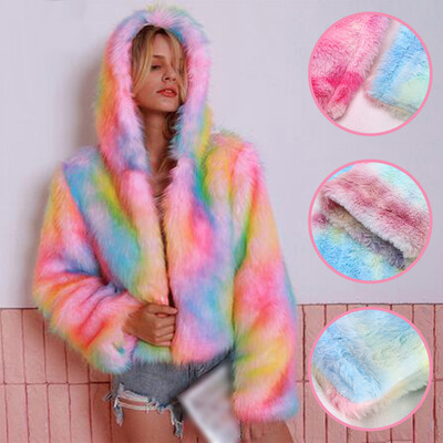 

Tailored Fashion Womens Colorful Artificial Wool Collar Hooded Long Sleeved Jacket