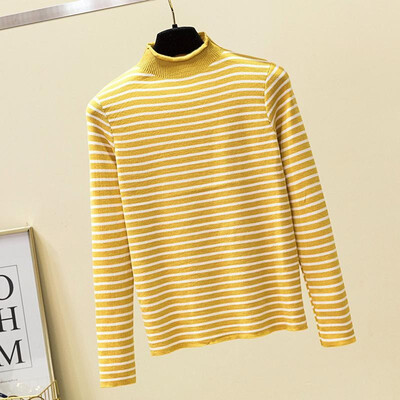 

Women Sweater Highly Stretch Stripes Ribbed High Neck Ruffle Long Sleeve Slim Autumn Winter Warm Vintage Tops