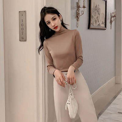 

Womens Cashmere Wool T-shirt Half High Collar Solid Color Pullover Solid Color Korean Harajuku Basic Tee Shirt Femme