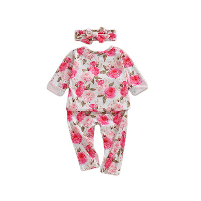 

Spring Autumn Casual Infant Baby Girl Clothes Baby Flower Print Long Sleeve TopTrousersHeadband Kids Two-piece Outfit Set
