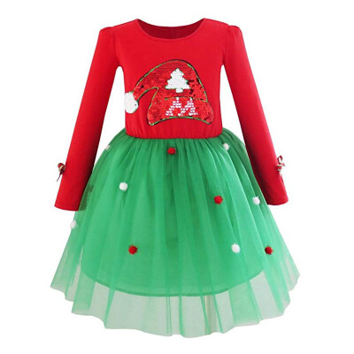 

New Year Baby Girl Cotton Dress For Girls AutumnChristmas Tree Print Holiday Children Clothing Party Tulle Kids Costume