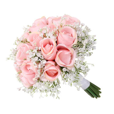 

Handmade 18PCS Artificial Babysbreath Rose Bridal Wedding Bouquet With White Ribbon Real Touch For Wedding Home Party DIY Decor