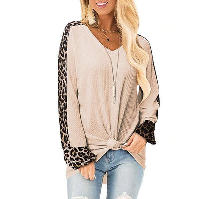 

Autumn Women Blouses Loose V-neck Leopard Print Splicing Long Sleeve Tops