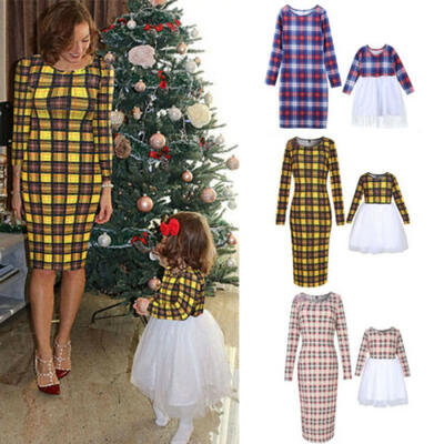 

Family Mother&Daughter Dress Matching Christmas Plaid Long Sleeve Dress Clothes