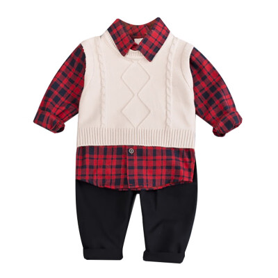 

Autumn Baby Boy Cute Long Sleeve Plaid Print Shirt Sleeveless Sweater Trousers Casual Outfits