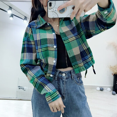 

Women Fashion Plaid Cotton Shirt Spring Autumn Female Fashion Short Blouses Long Sleeve Shirts Casual Coat