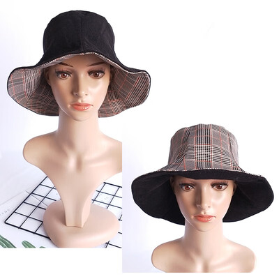 

Double-sided fishermans hat Korean version of leisure Plaid basin hat Xia Literature&Art Youth Shade hat Japanese hat