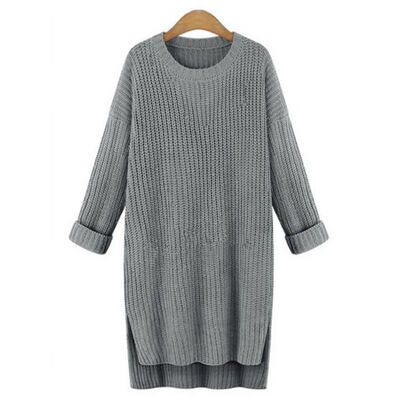 

Women Winter Long Thick Sweaters Irregular O-Neck Long Sleeve Solid Knitted Tops Female Pullovers Split Sweaters
