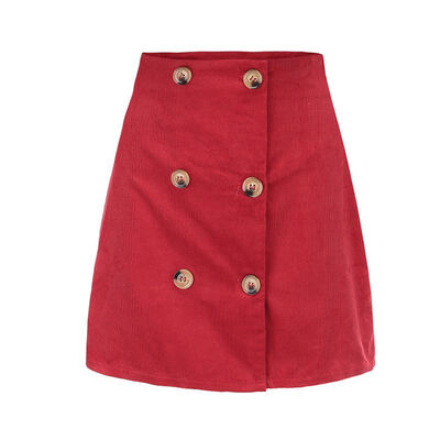 

Red Yellow Vintage High Waist Skirts Women Casual Skirt Double Buttons Solid Streetwear