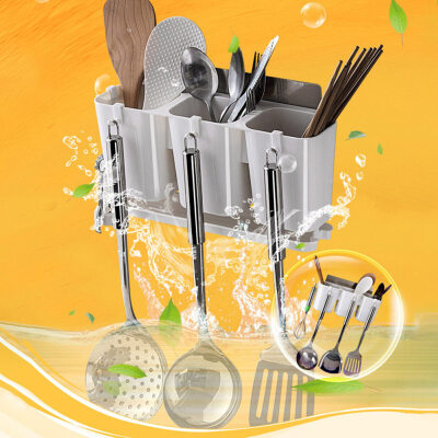 

No-Punching Holder Draining Storage Box 3-Slot Spoon Fork Chopsticks Container