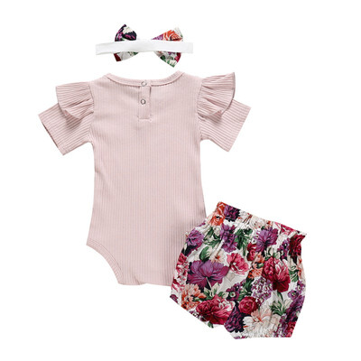 

Summer Baby Girl Casual Short Sleeve Cotton Romper Tops Floral Pattern Briefs Shorts With Headband Outfits Set New