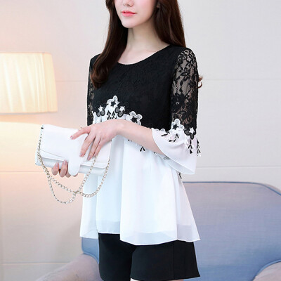 

Womens Round Neck Flare Sleeves Floral Lace Tops Loose Casual Chiffon Blouse