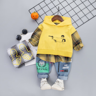 

Autumn Fashion Baby Costume Set Boys Long Sleeve Patchwork Plaid Print Hoodie Sweatshirt TopsCartoon Denim Pants Set Outfit