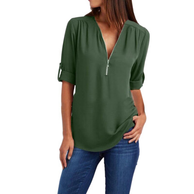 

Plus Size  Womens Blouse Tops Female Casual Long Sleeve Solid Color Loose Chiffon Shirts Blouses Ladies V-Neck Zipper Blouse