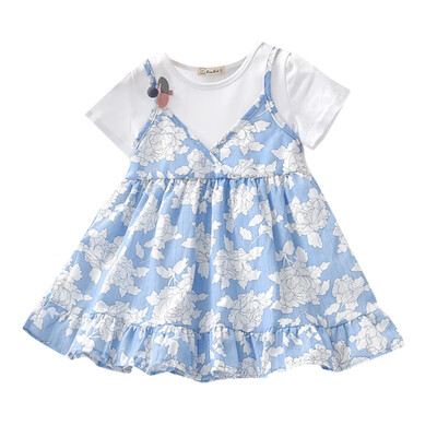 

O-Neck Cute Pink Blue Summer Casual Baby Girls Short Sleeve Fake 2 Piece Floral Pattern Dress Kids Toddler Princess Sundress