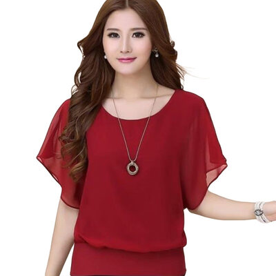 

Fashion Women Chiffon Solid Color O Neck Batwing Sleeve Loose Blouse T-shirt Top