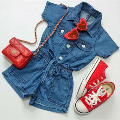

UK Toddler Kid Baby Girl Romper Short Jumpsuit Bodysuit Denim Outfit One-Piece