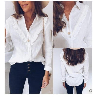 

US Women Shirt V-neck Long Sleeve Button White Shirt Tops Blouse Casual Fashion