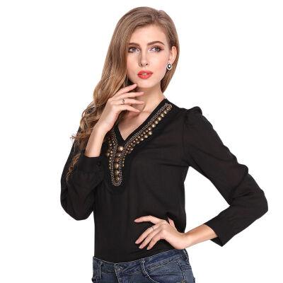 

Womens Long Sleeve Shirt Retro Beading V-neck Tops&Blouse office lady Slim Blouses Summer Blus Top Women Clothing