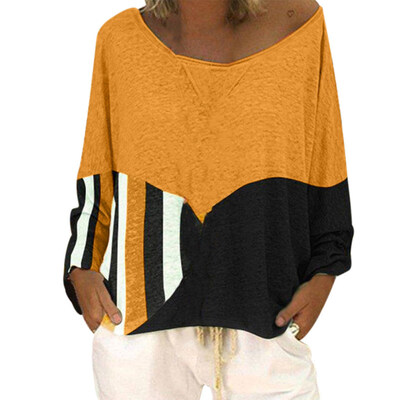 

Plus Size Casual Color Block Striped Women Long Sleeve Round Neck T-Shirt Top